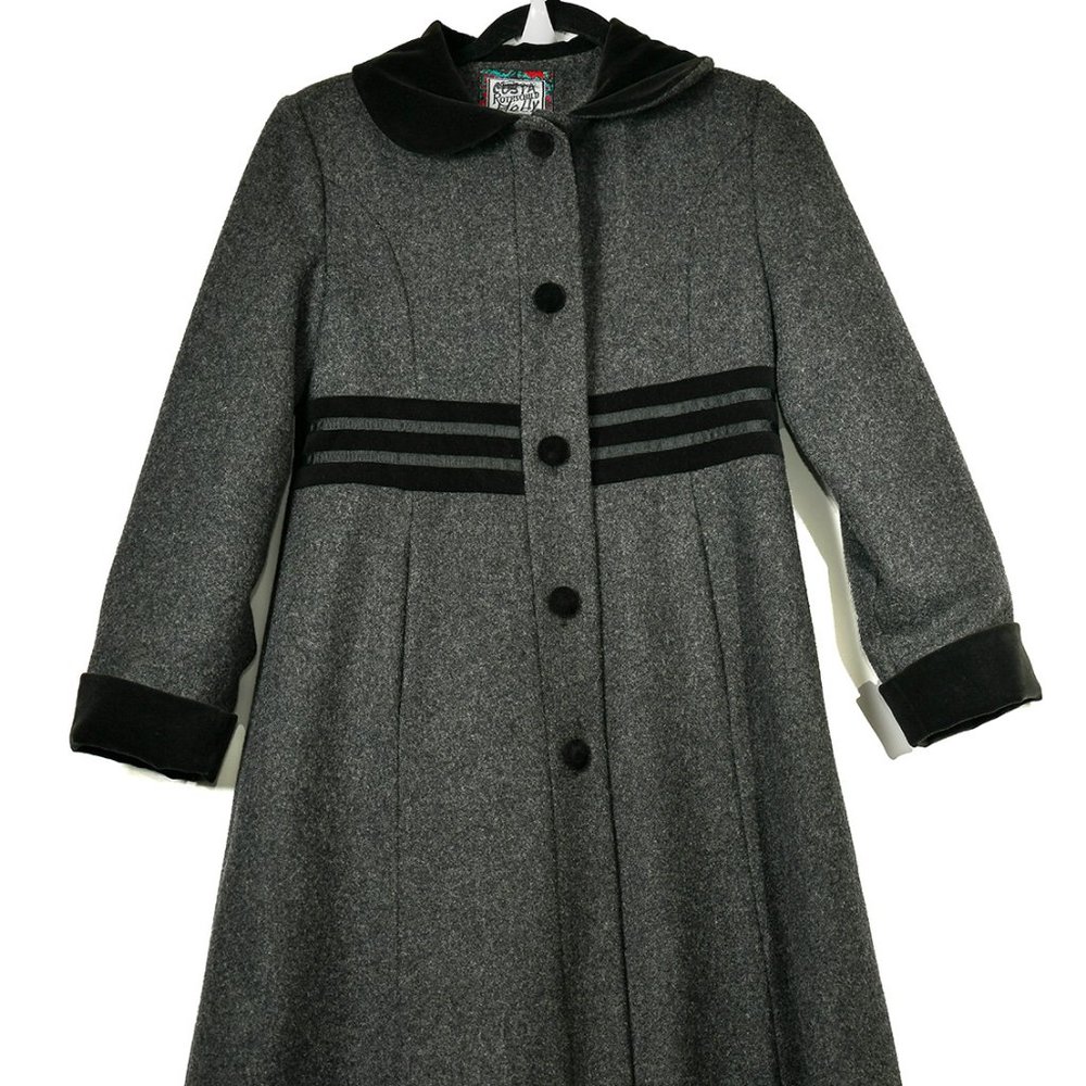 Vintage Rothschild Charcoa Gray Long Trench Wool Coat button up Size 12 Child